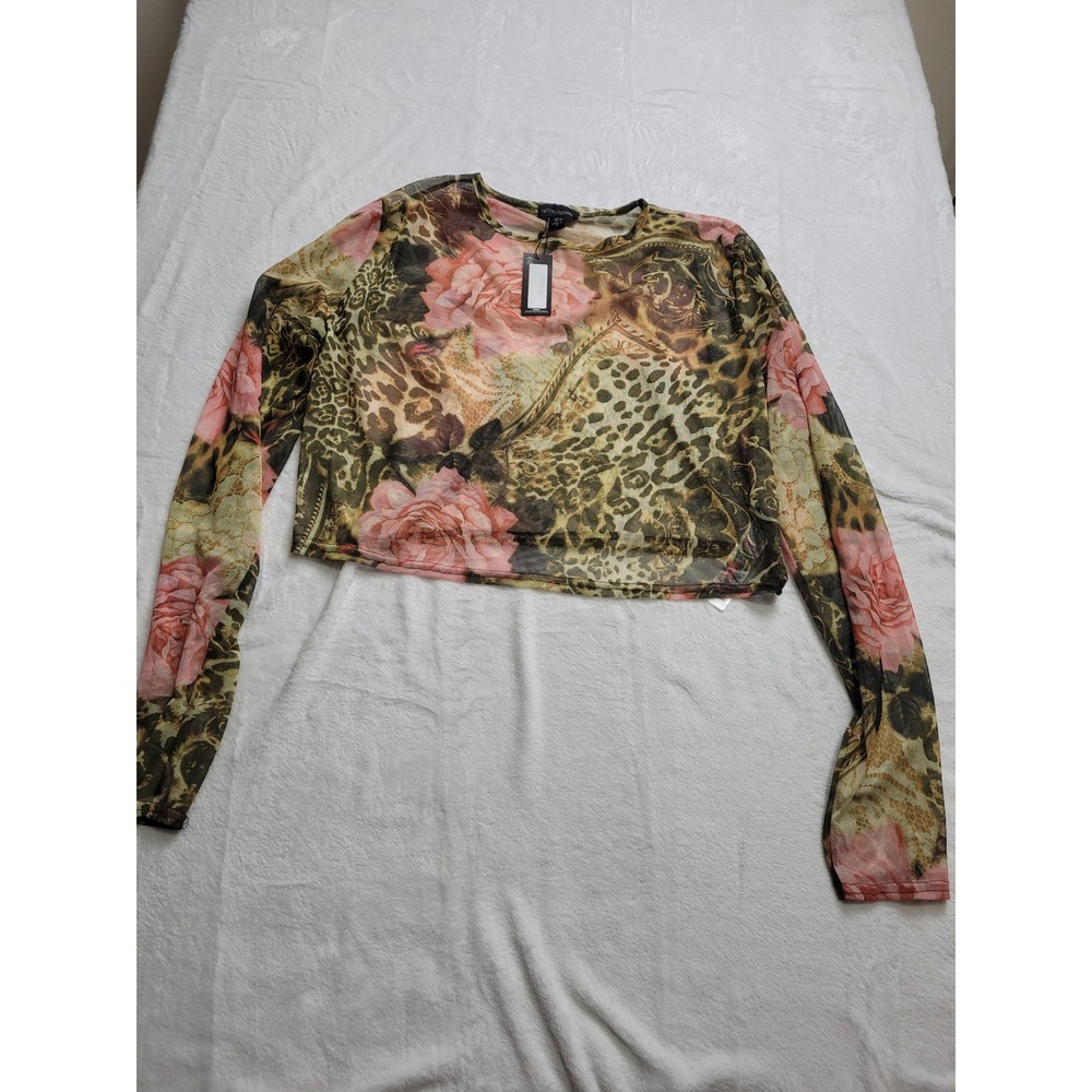 NWT PrettyLittleThing Mesh Top Womens 18 Multicolor Leopard Floral Crop Sheer